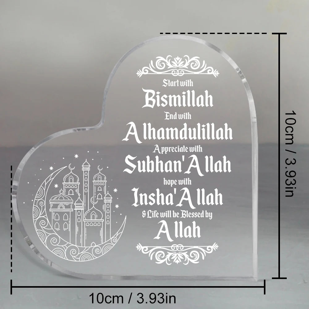 1pc Islamic Acrylic Desktop Decor Ornament - Heart Shaped Elegant Eid Mubarak Logo With Arabic Ramadan Theme - Inspirational