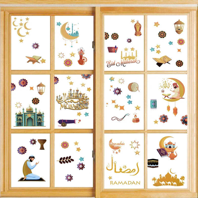 Eid Mubarak Ramadan Decorative Stickers 9pcs Islamic Patterns Self-Adhesive For Wall Window Gift Packaging Party Decor Supplies