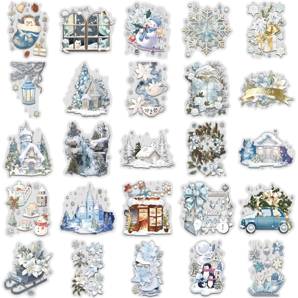 10/30/50pcs Cute Cartoon Winter Theme Stickers Transparent Vintage Aesthetic Graffiti Decals Luggage Notebook Phone Sticker Toy