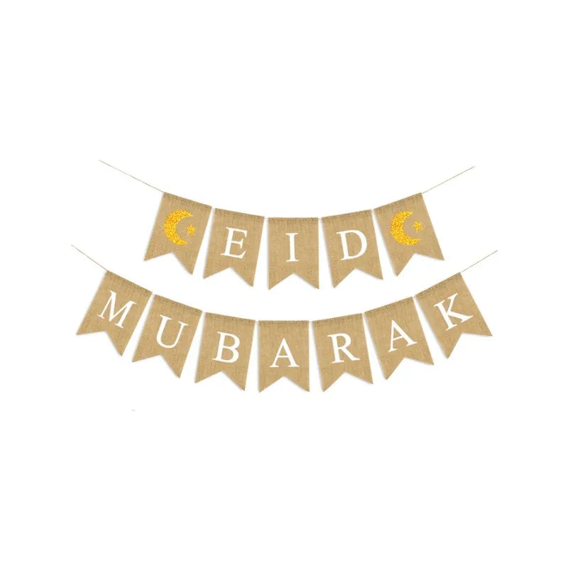 1set linen Eid Mubarak Banner Ramadan Kareem Banners Eid al-Fitr Decorations Star Moon Eid Mubarak Decorations Banners