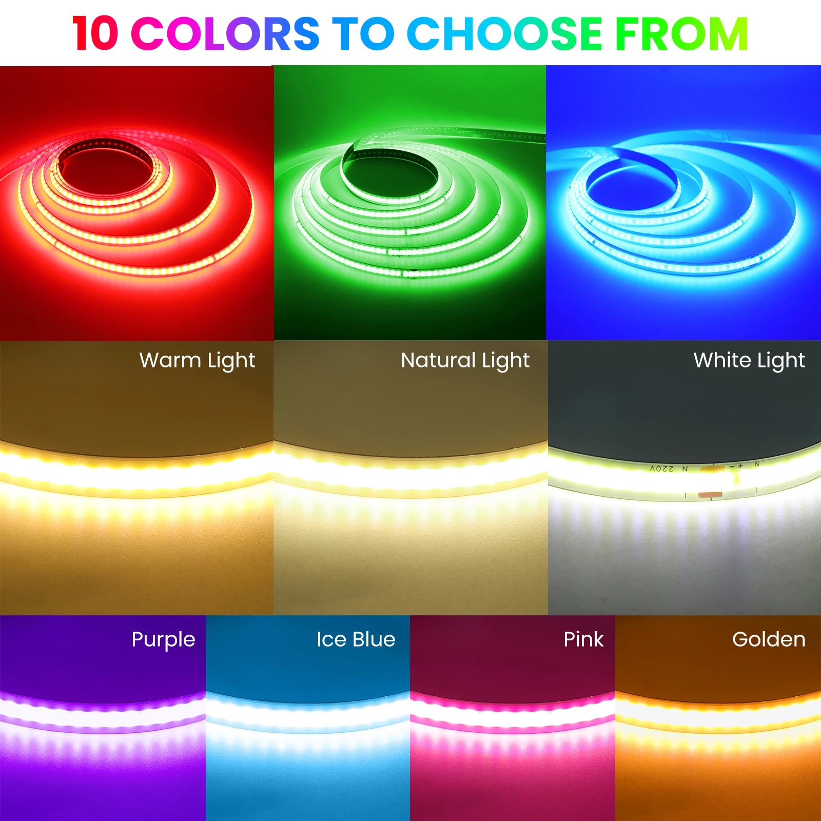 AC 220V COB Strip 240Leds/M 5M 10M 20M 50M/Roll Red/Green/Ice Blue/Pink/White/Purple Flexible Ribbon LED Light For Home Decor