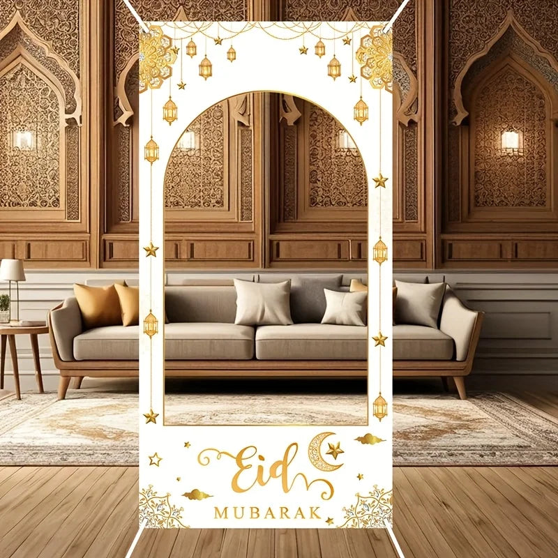 1set Islamic Ramadan Eid Mubarak Photo Booth Backdrop with White Golden Frame Muslim Party Decoration Supplies 2026