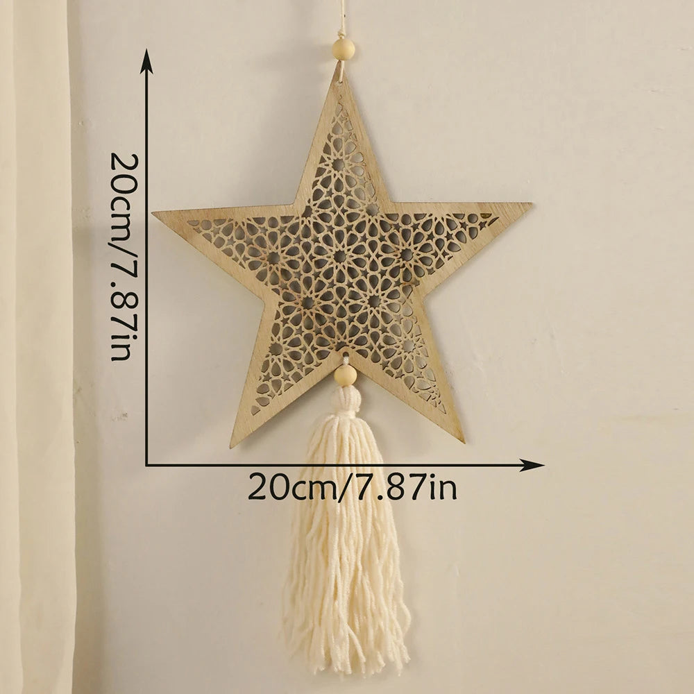 Ramadan Wooden Hanging Ornaments Moon and Star Hollow Mesh Wall Decor Islamic Eid Mubarak Muslim Decor?Ramadan Kareem Gift
