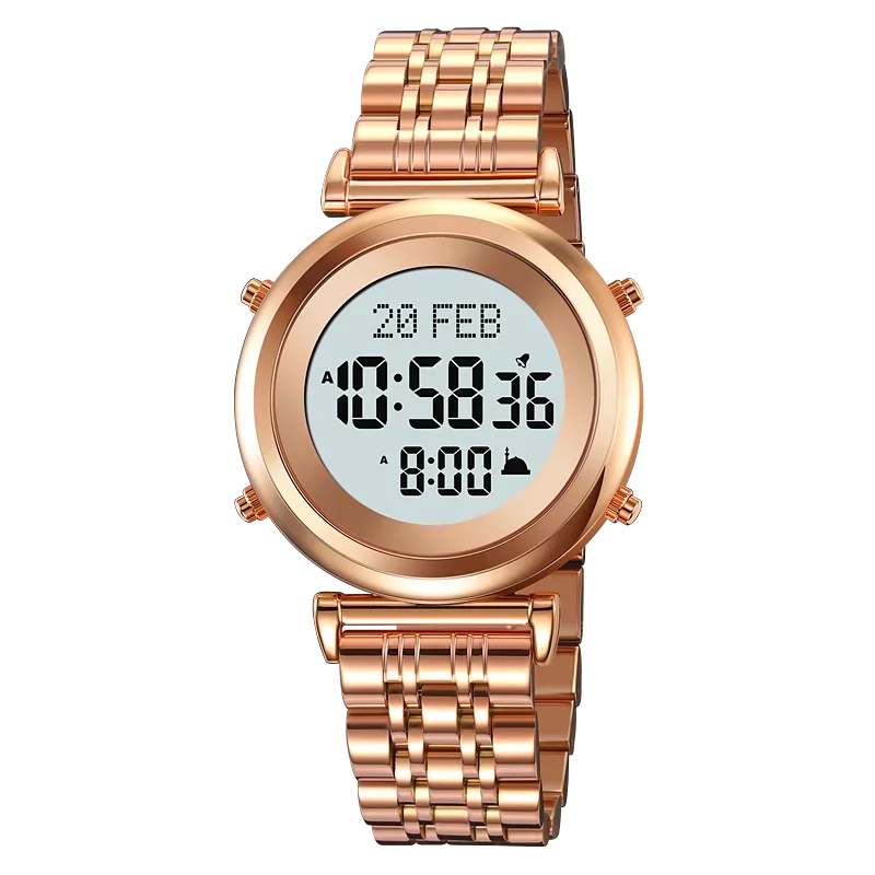 Muslim Azan Digital Watch Mens Back Light Waterproof Steel Hijri Islamic Wristwatch Prayer Qibla Compass Alarm Clock