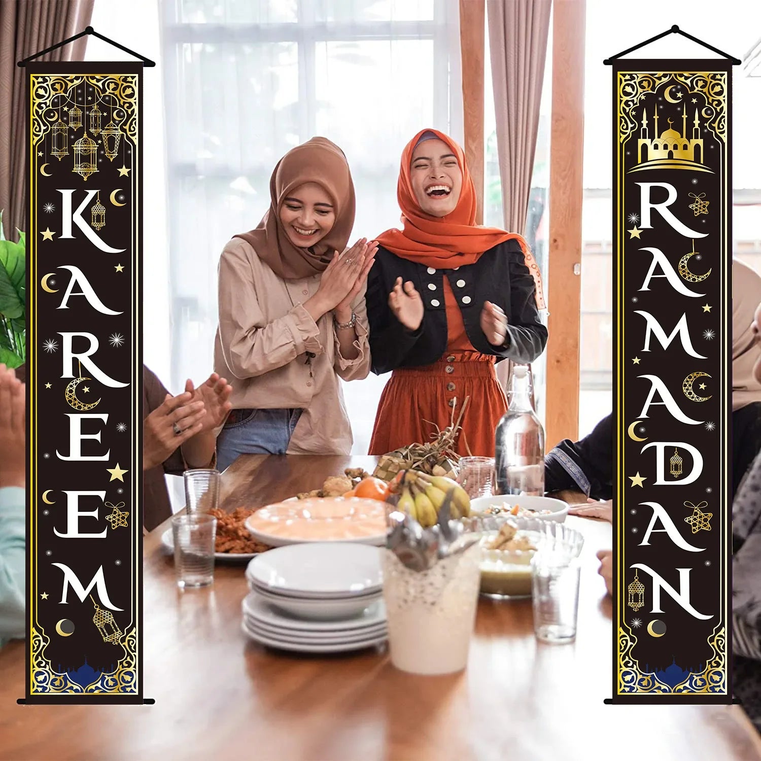 Ramadan Celebration Door Curtain with Eid Mubarak Garland Banner for Islamic Home Decoration Festival Party Supplies