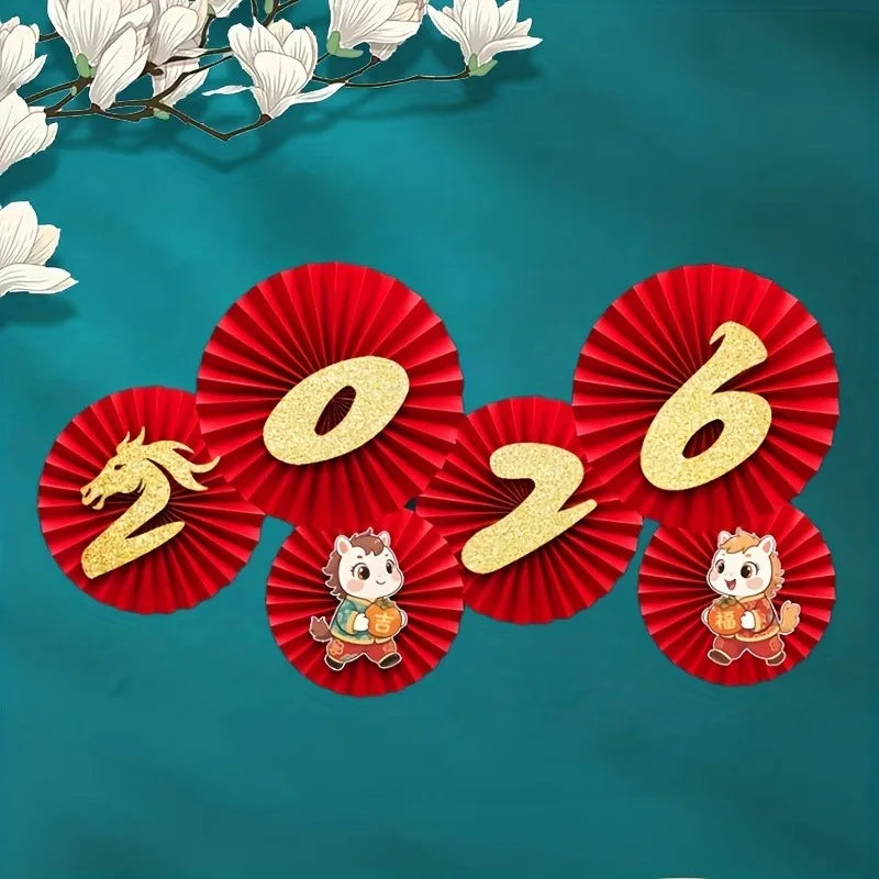 6pcs 11.42inch,9.84inch,7.48inch New Year Red&Golden Paper Fans-Traditional Decoration with Dragon,Phoenix,Lanterns-Wall Hanging