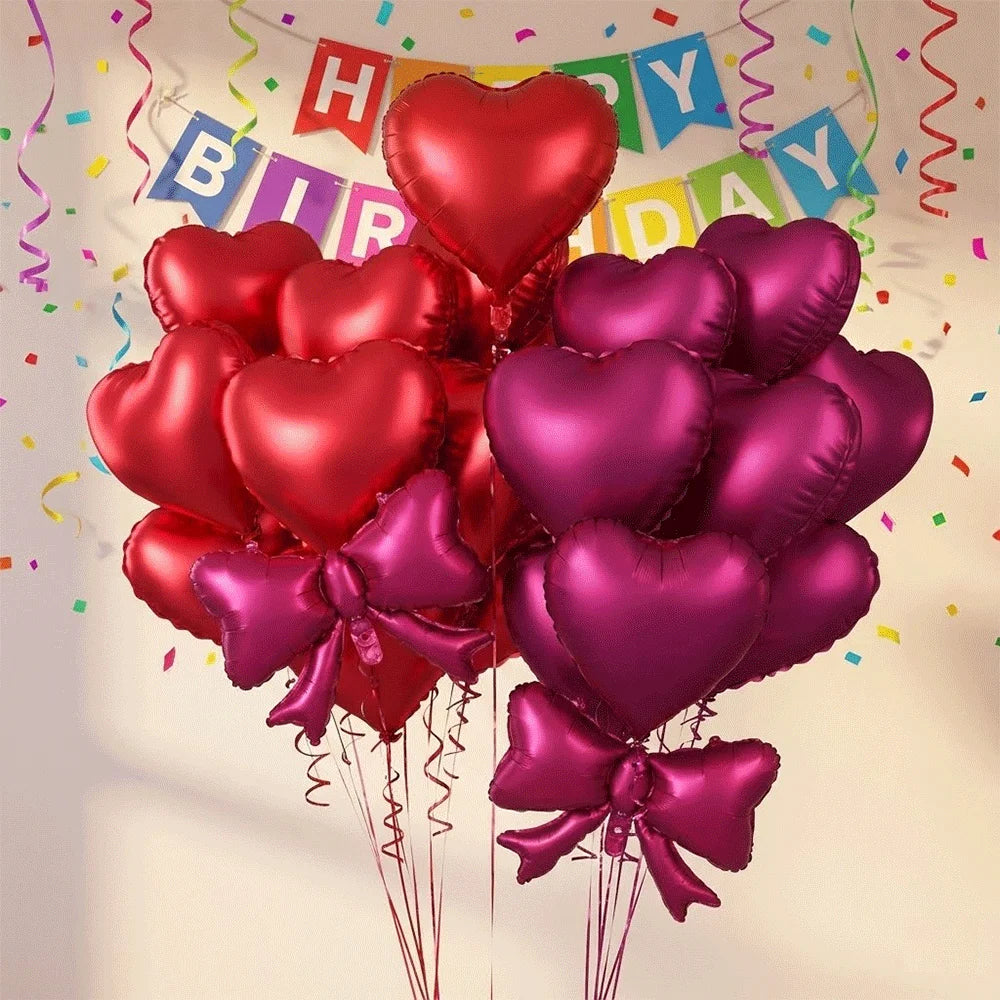 Red Heart-Shaped Balloon Metallic Burgundy Bow Balloon Set 10pcs Heart Foil Balloon Valentine's Day Wedding Birthday Party Decor