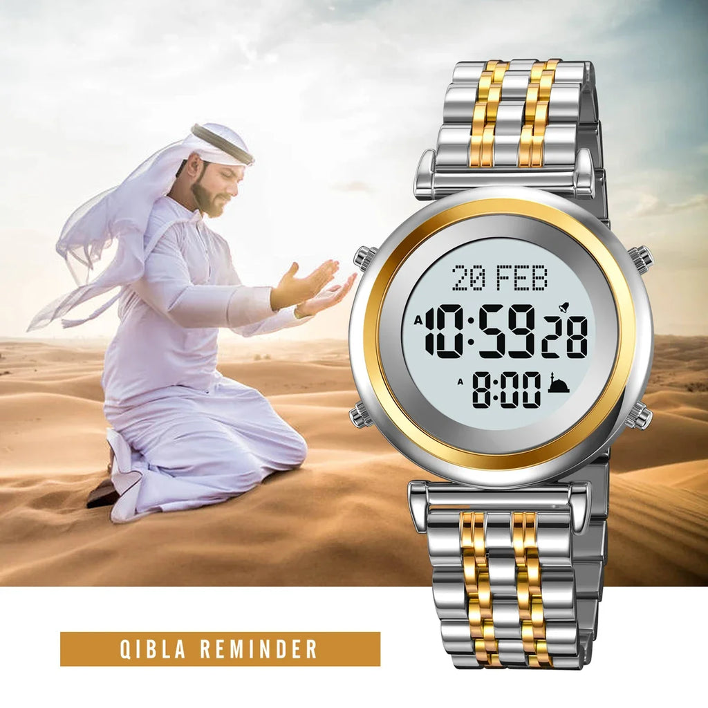 Muslim Azan Digital Watch Mens Back Light Waterproof Steel Hijri Islamic Wristwatch Prayer Qibla Compass Alarm Clock