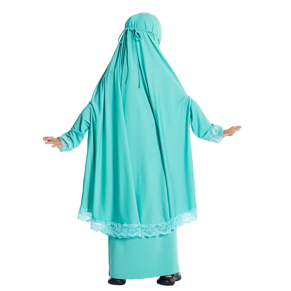 Muslim Kids Girls Hijab Dress Ramadan Khimar Skirt Set Overhead Eid Prayer Garment Burqa Abaya Robe Kaftan Hooded Gown