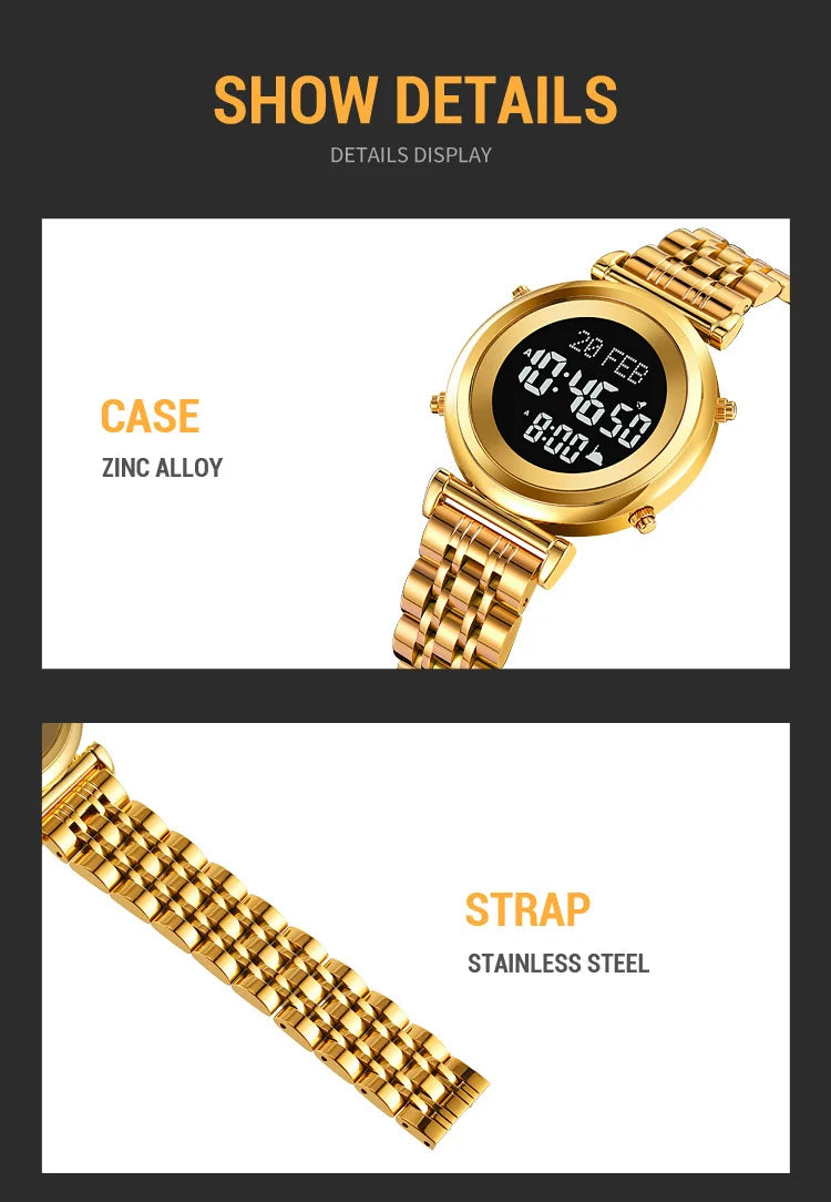 Muslim Azan Digital Watch Mens Back Light Waterproof Steel Hijri Islamic Wristwatch Prayer Qibla Compass Alarm Clock
