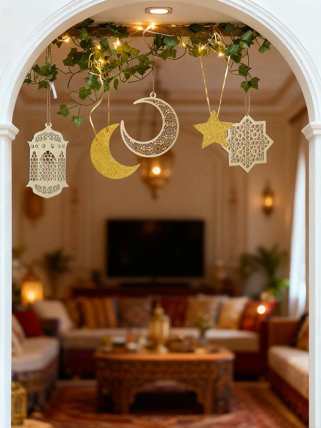 Ramadan Doorway Decor Golden Moon Star Lantern Hanging Ornaments with LED String Islamic Eid Festival Home Entrance Party Gifts