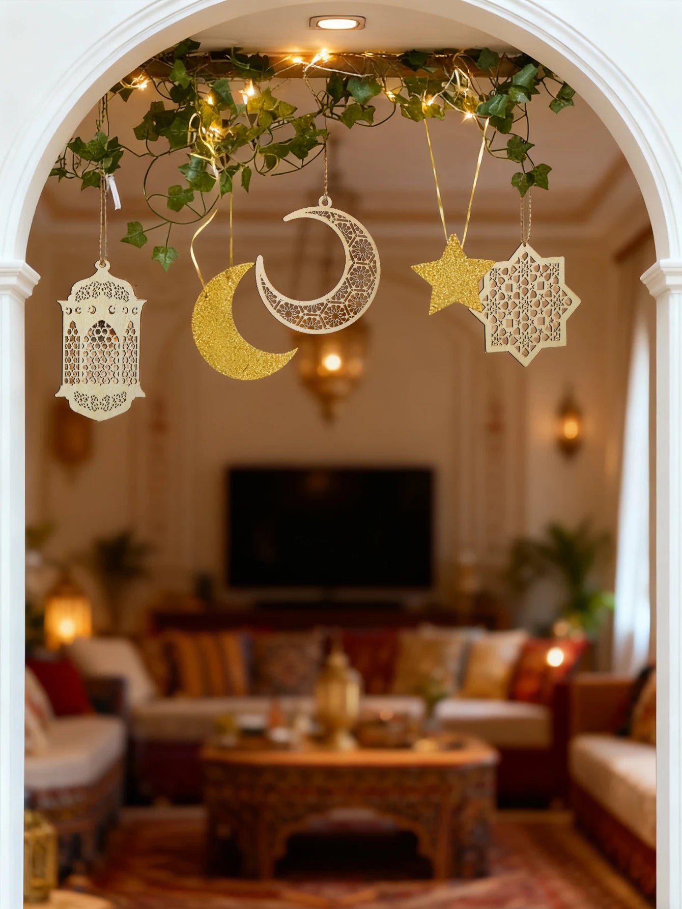 Ramadan Doorway Decor Golden Moon Star Lantern Hanging Ornaments with LED String Islamic Eid Festival Home Entrance Party Gifts