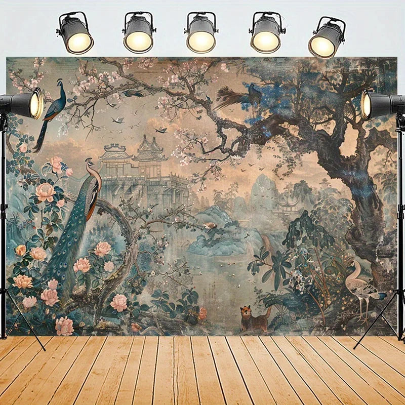 1pc Peacock Garden Tapestry, Art Flower Wall Hanging Art Deco Style Tapestry for Bedroom Living Room Decor 100x230cm