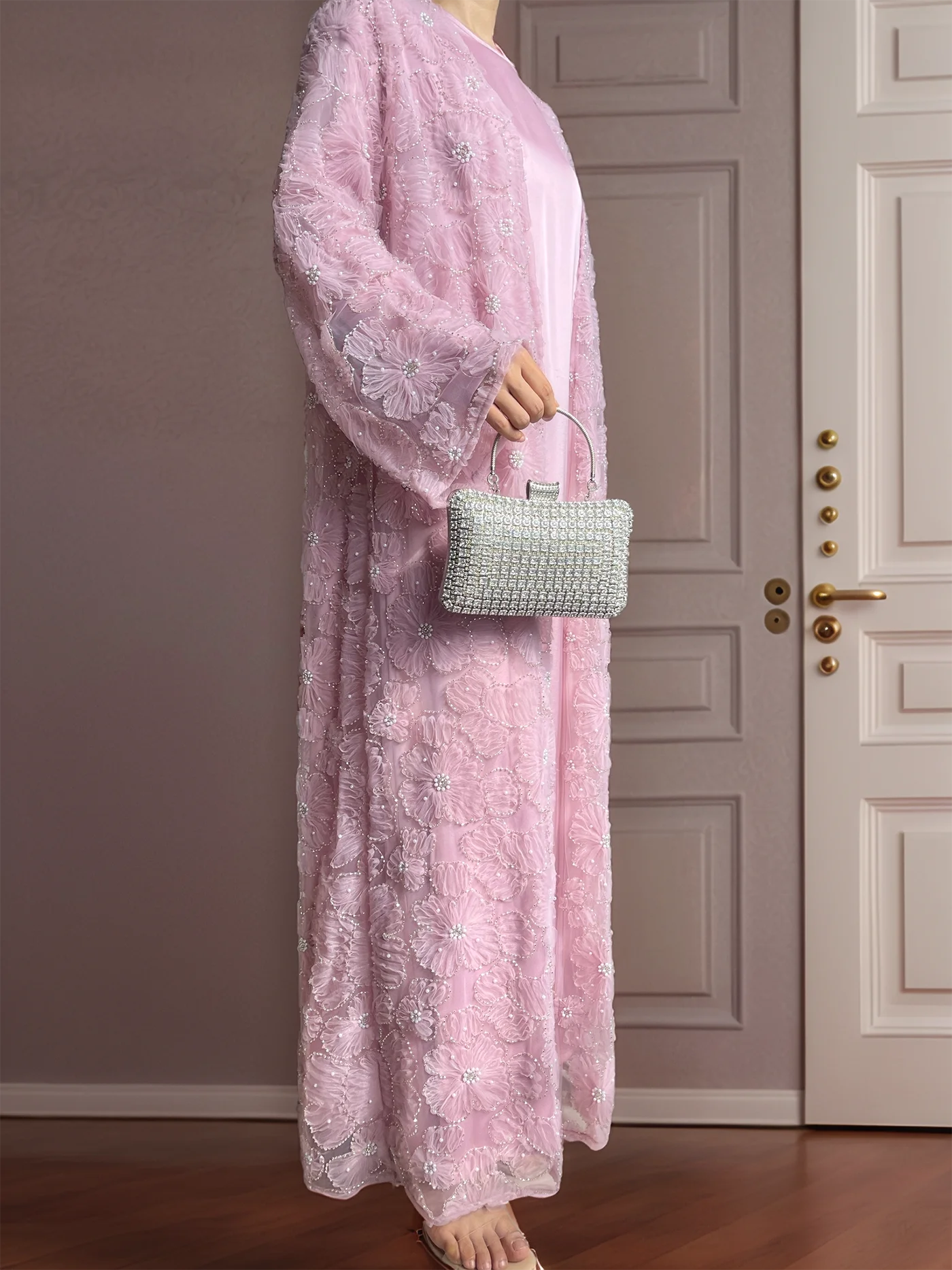 Muslim Women Two-piece Set Floral Beaded Abaya and Satin Inner Dress MSL881