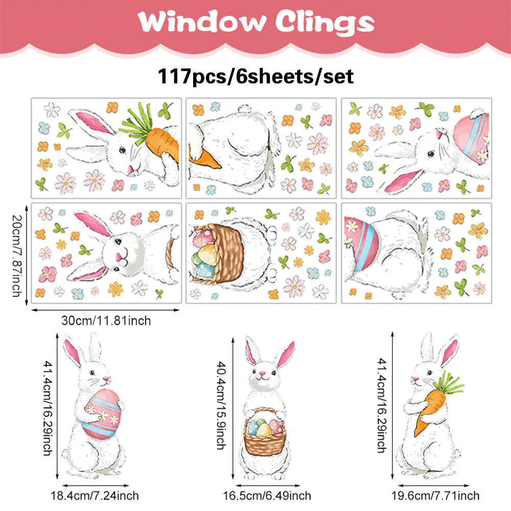6 Sheets Happy Easter Decorations Window Clings Bunny Eggs No Glue Stickers Static Glass Decal Spring Party Home Decor Kids Gift