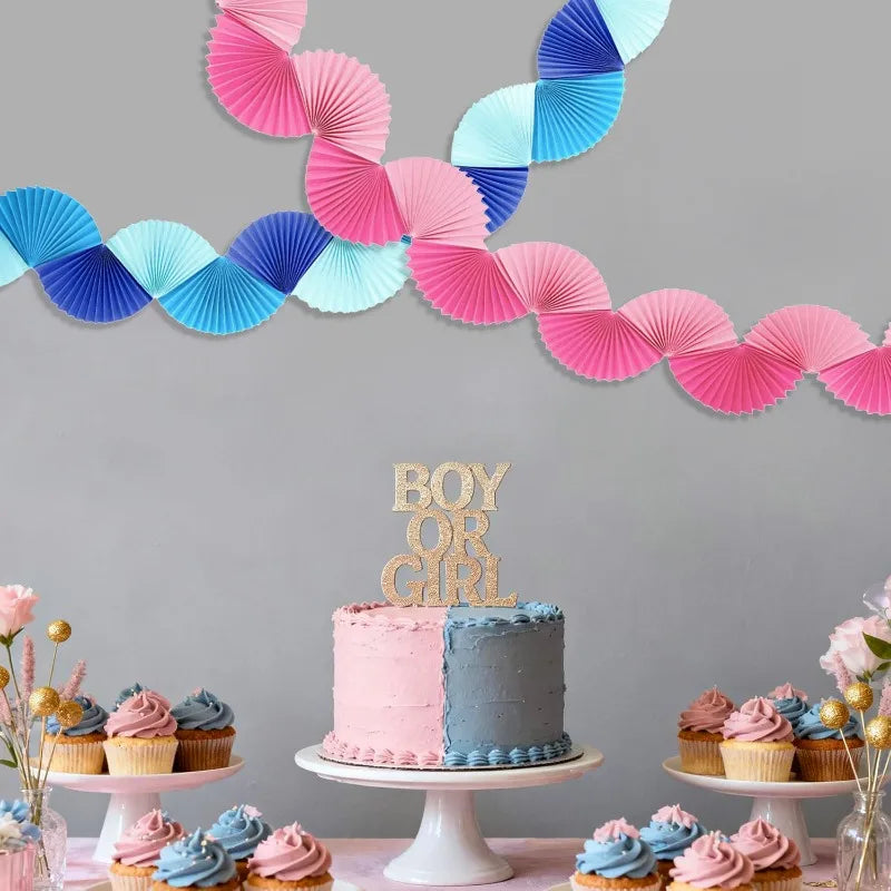 Blue Paper 3D Fans Flower Garland Hanging Flower Banner Wall Decoration for Wedding Birthday Baby Shower Party Streamer Decor