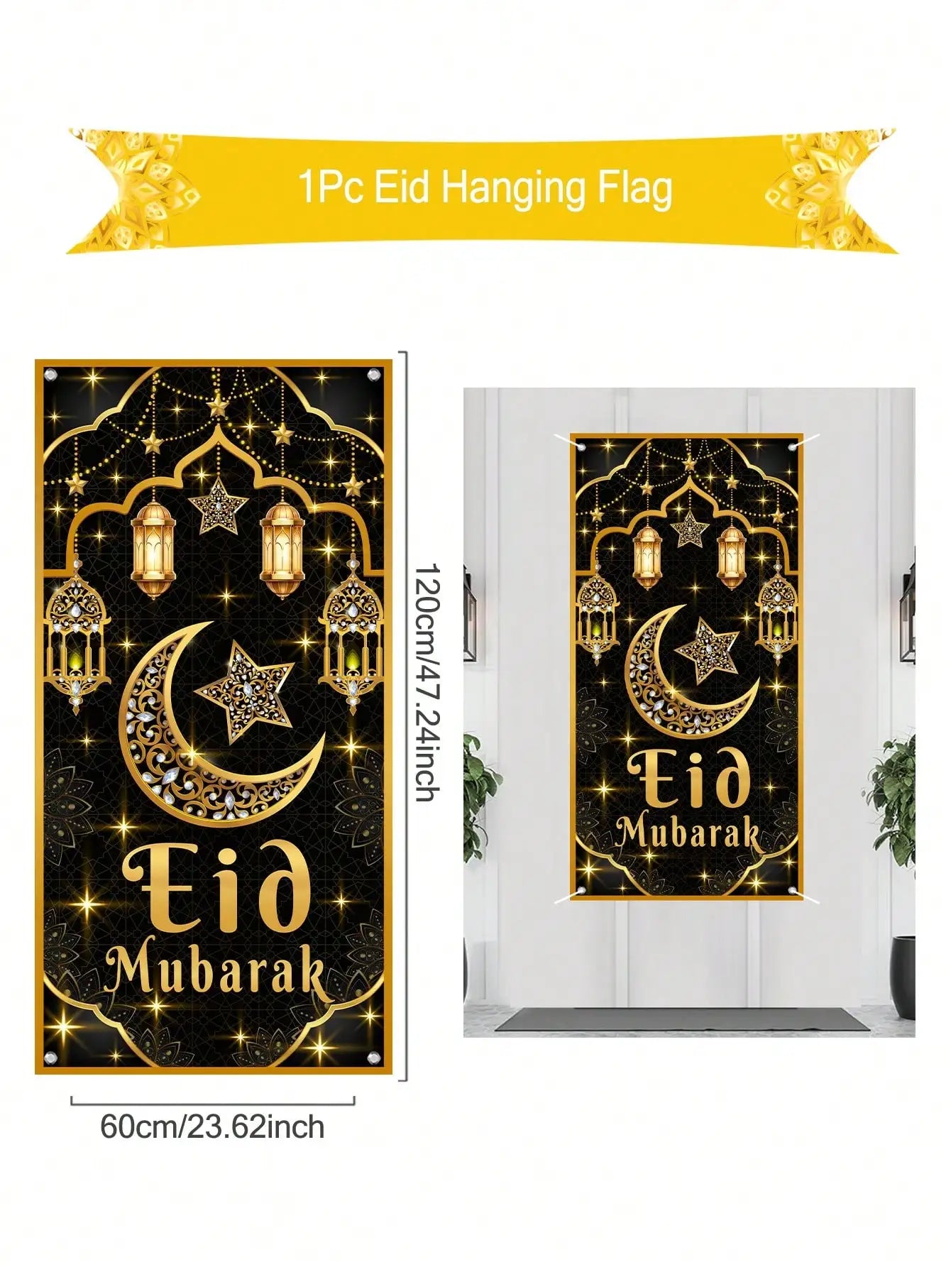 1 Piece Eid Mubarak Door Curtain Black Gold Star and Moon Lantern Decoration Hanging Curtain Islamic Style Festival Door Decoration Hanging Cloth