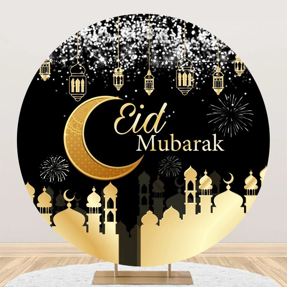Eid al Fitr Mubarak Round Backdrop Cover Arab Ramadan Karim Golden Moon Star Cloud Lantern Party Decor Banner Photo Stall Props
