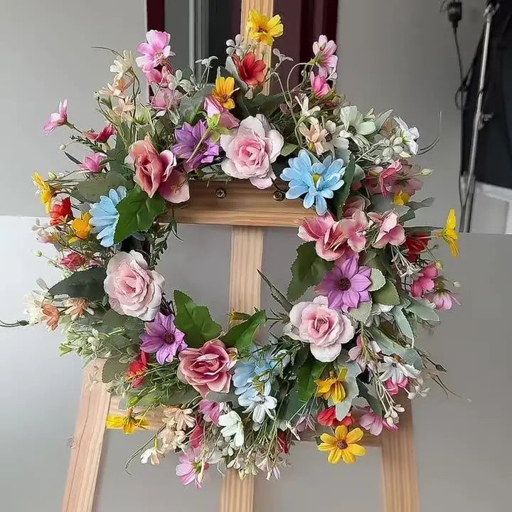 YeeNanee Vibrant Wild Flowers Spring Wreaths for Front Door Artificial Daisy Tulip Lambs Ear Summer Wreath Home Wall Decoration