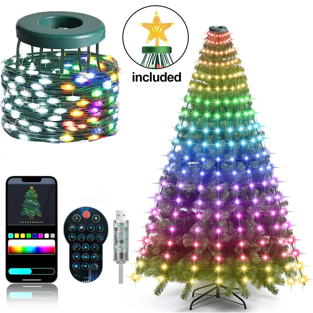 USB 1.8m/5.9ft 400LEDs Christmas Tree String Lights with Star Color Changing Indoor Decor Waterfall Lights for Party Home Decor