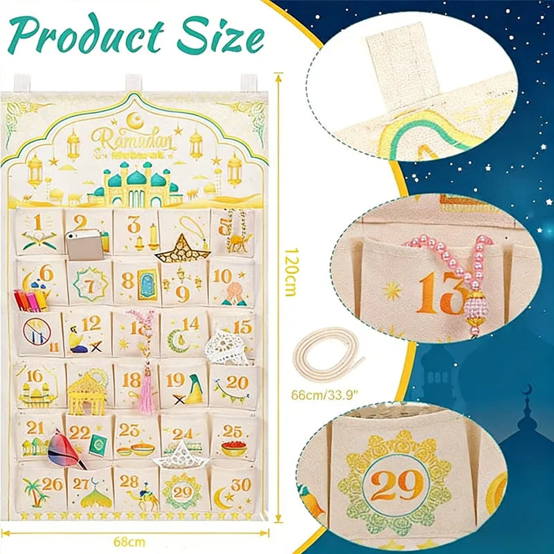 Ramadan 30-Day Advent Calendar for Muslim Islamic Kid Boy Girl Kareem Eid al-Fitr Wall Hanging Home Decoration
