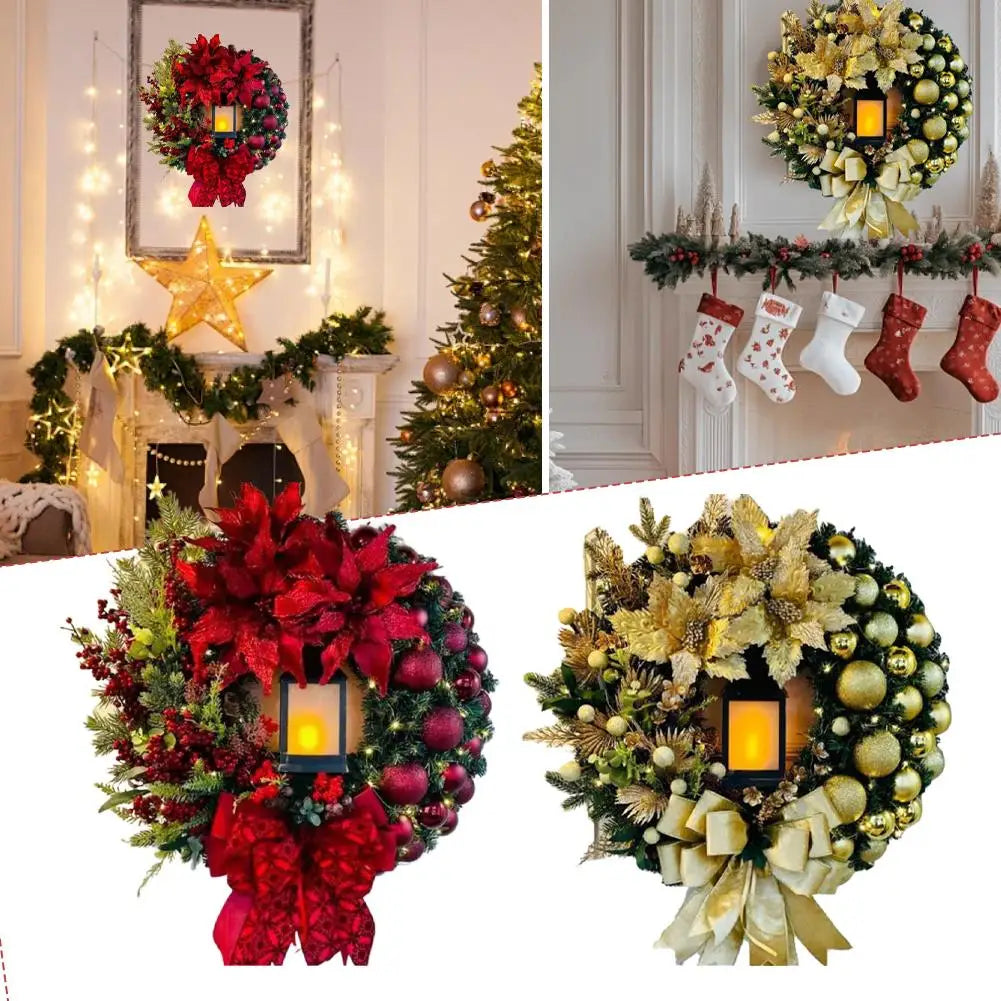 Flower Bow Ball Christmas Wreath With Oil Lamp Navidad Party Wedding Door Window Wall Fireplace Staircase Balcony Decoration