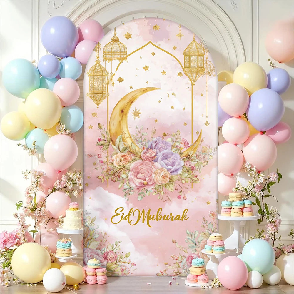 Pink Ramadan flower arch background cloth party decoration festival home decor EID Mubarak Flower Moon Star Light banner gift