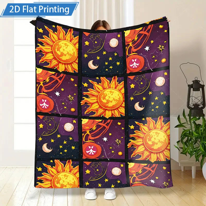 1pc Flannel Blanket Cosmic Sun Moon Stars Printed Fleece Blanket for Cozy Living Room or Bedroom Decor