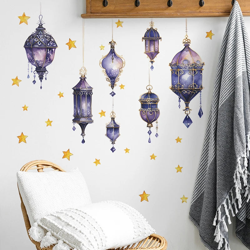 Eid Mubarak Wall Stickers Moon Star Lantern Ramadan Kareem Wall Decals Muslim Islamic Window Sticker Decorations for Home 2024