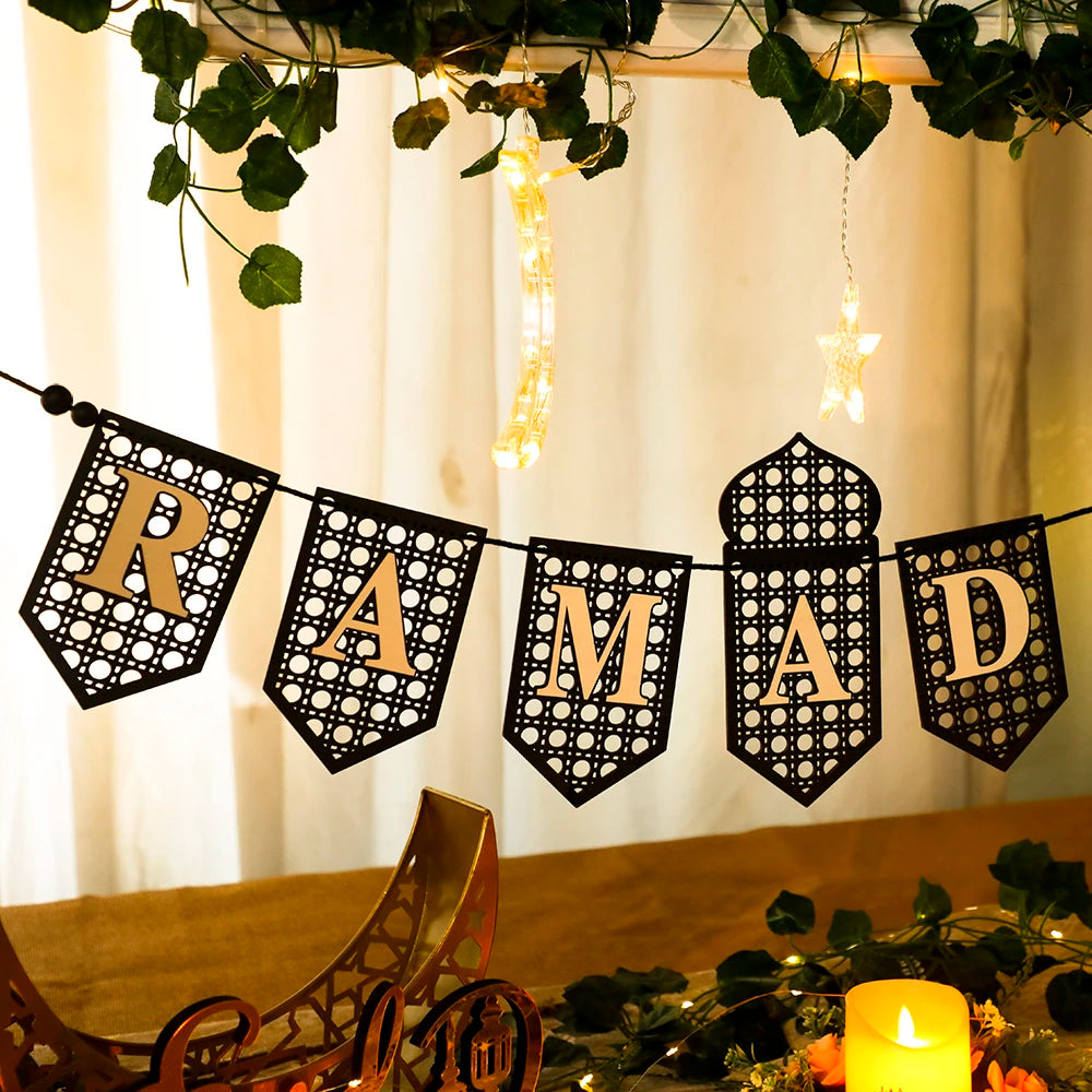 Ramadan Mubarak Banner Hollow Lantern Hanging Garland for Islamic Muslim Eid Festival Home Party Ornament Wall Decor Supplies