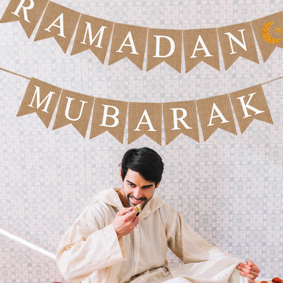 Eid Mubarak Linen Banner Garland Moon Star Hanging Ornaments Islamic Muslim for Home Ramadan Decoration Festival Party Supplies