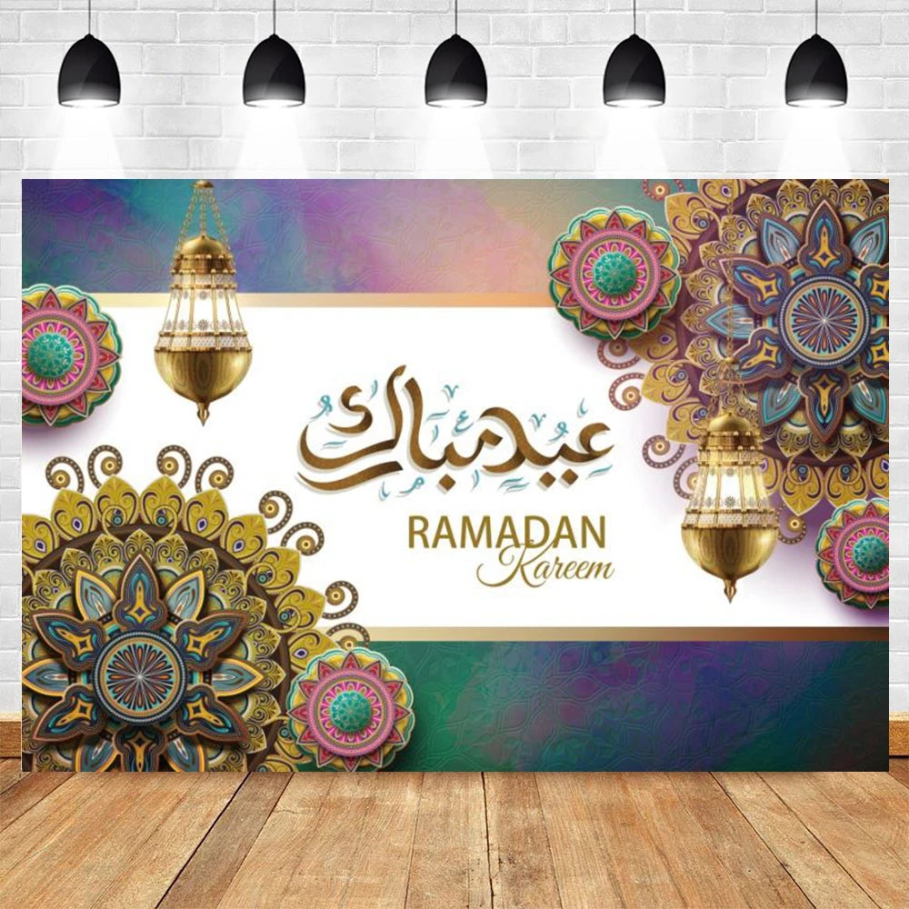 Ramadan Kareem Backdrop Eid Mubarak Party Lantern Flower Moon Islamic Family Party Photography Background Decor Banner Poster