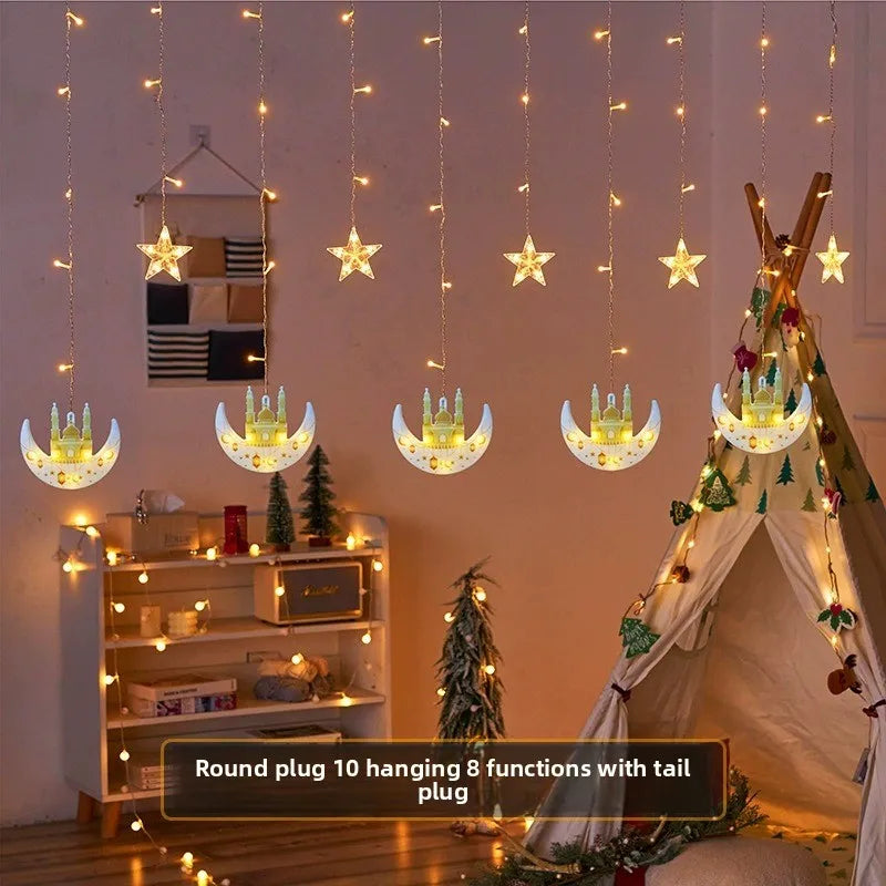 Moon and Star LED Curtain Lights  USB Powered Fairy Lights with 8 Modes and Timer Ramadan Bedroom and Party Decoration