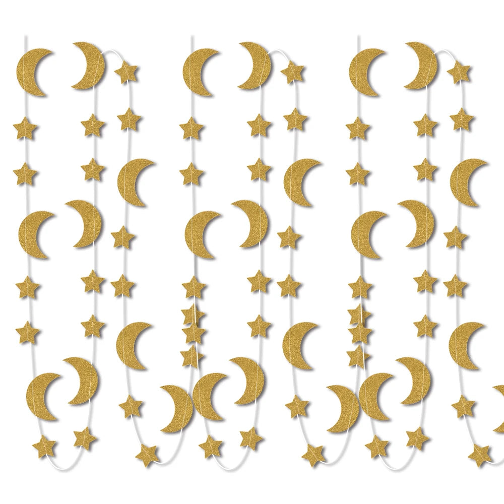 Glitter Gold Star Moon Banner Ramadan Paper Garland Hanging Decoration Ramadan Kareem Eid-al-fitr Islamic Eid Mubarak Decoration
