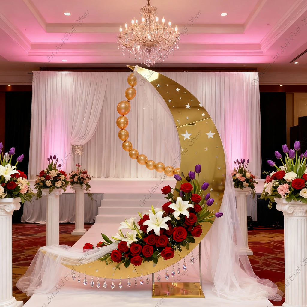 1pcs f30 83in Golden Stainless Steel Crescent Half Moon Wedding Arch Party Stage Backdrop Flower Stand Background Arch ivy332