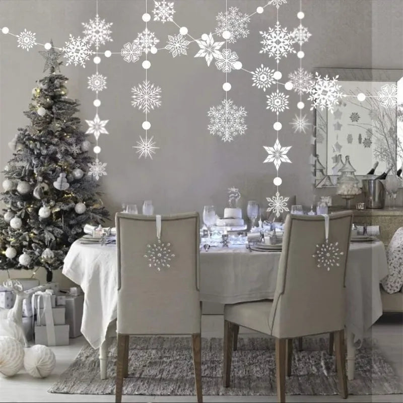 White Clear Snowflake Garland Hanging Snow Flake Kit Christmas and New Year Party Decoration for Home Winter Wonderland 4Strings