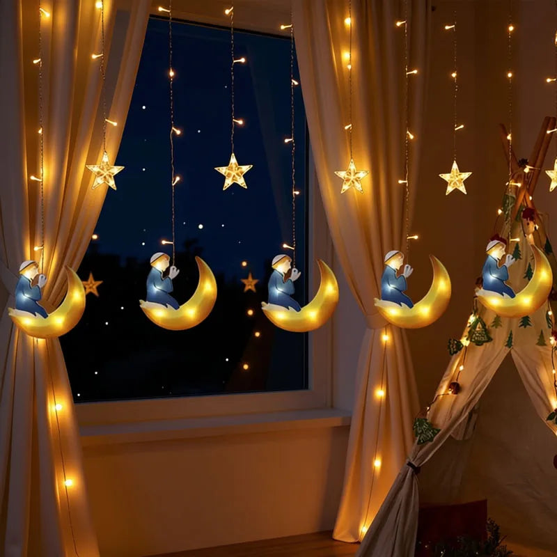 Ramadan String Lights LED Curtain with Moon Castle for Eid Mubarak Celebration Islamic Festive Window Decor Home Atmosphere