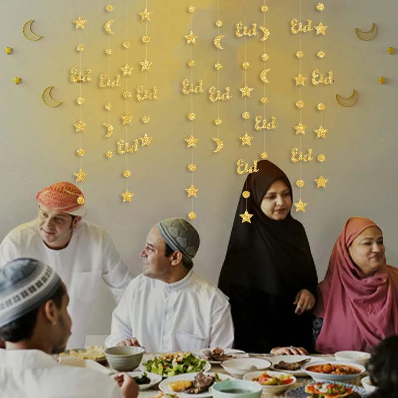 Gold Star Moon Circle Dot Crescent Lamp Eid Paper Garland Gold Mubarak Ramadan Streamer Backdrop Muslim Party Banner Decorations