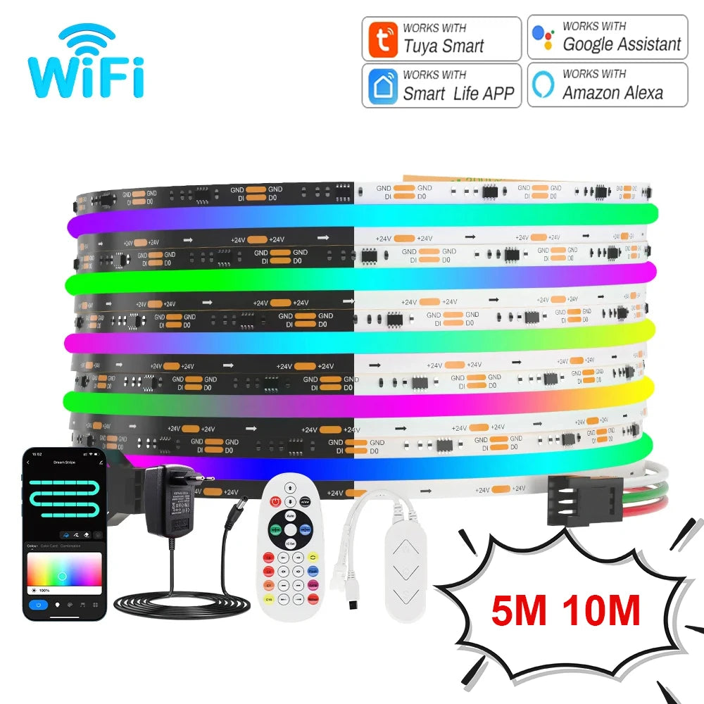 1-10M Addressable COB LED Strip Light 12V 24V WS2811 Full Dream Color Tape RGBIC LED Ribbon Pixel SPI Strip Colorful Room Decor