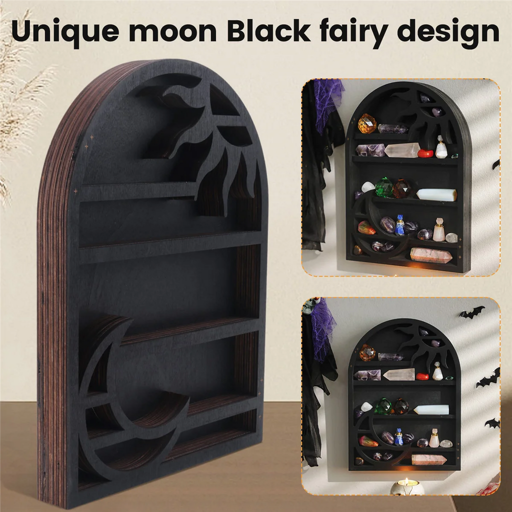 Wood Storage Shelf - Stylish and Practical Wall Shelf, Crescent Sun and Moon Crystal Shelf GSY