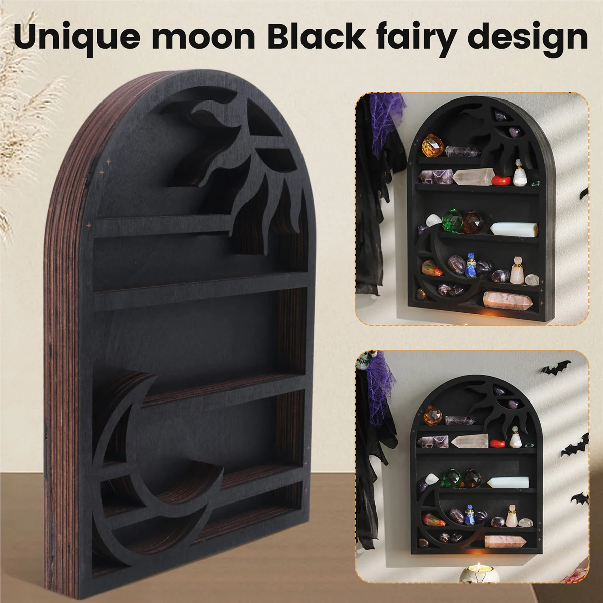 Wood Storage Shelf - Stylish and Practical Wall Shelf, Crescent Sun and Moon Crystal Shelf GSY