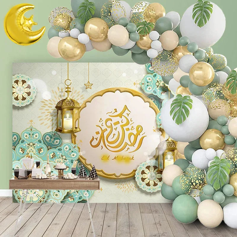 84pcs Eid Mubarak Green Gold Balloon Garland Arch Ramadan Kareem Decorations Home 2026 Aid Moubarak Islamic Festival Party Decor