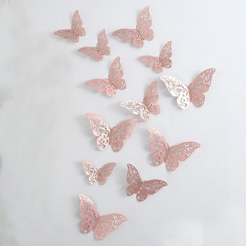12/24/48Pcs 8cm 3D Butterfly Wall Stickers Gold Butterfly Decorations for Butterfly Birthday Party Cake Room Window Garden Decor