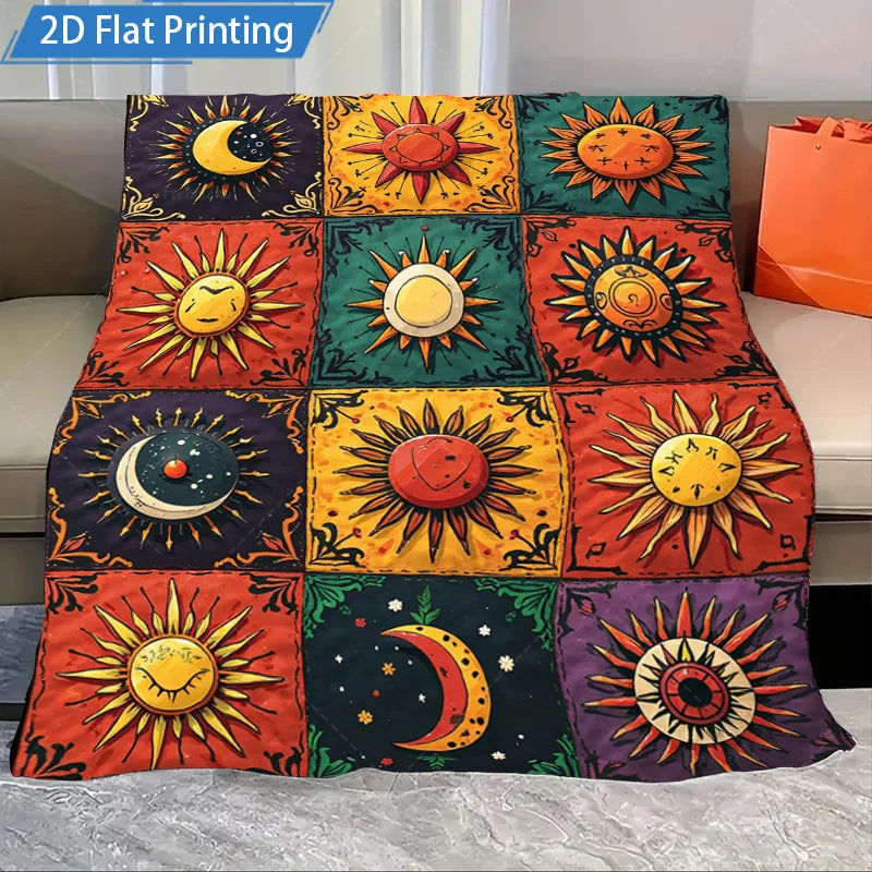 1pc Flannel Blanket Cosmic Sun Moon Stars Printed Fleece Blanket for Cozy Living Room or Bedroom Decor