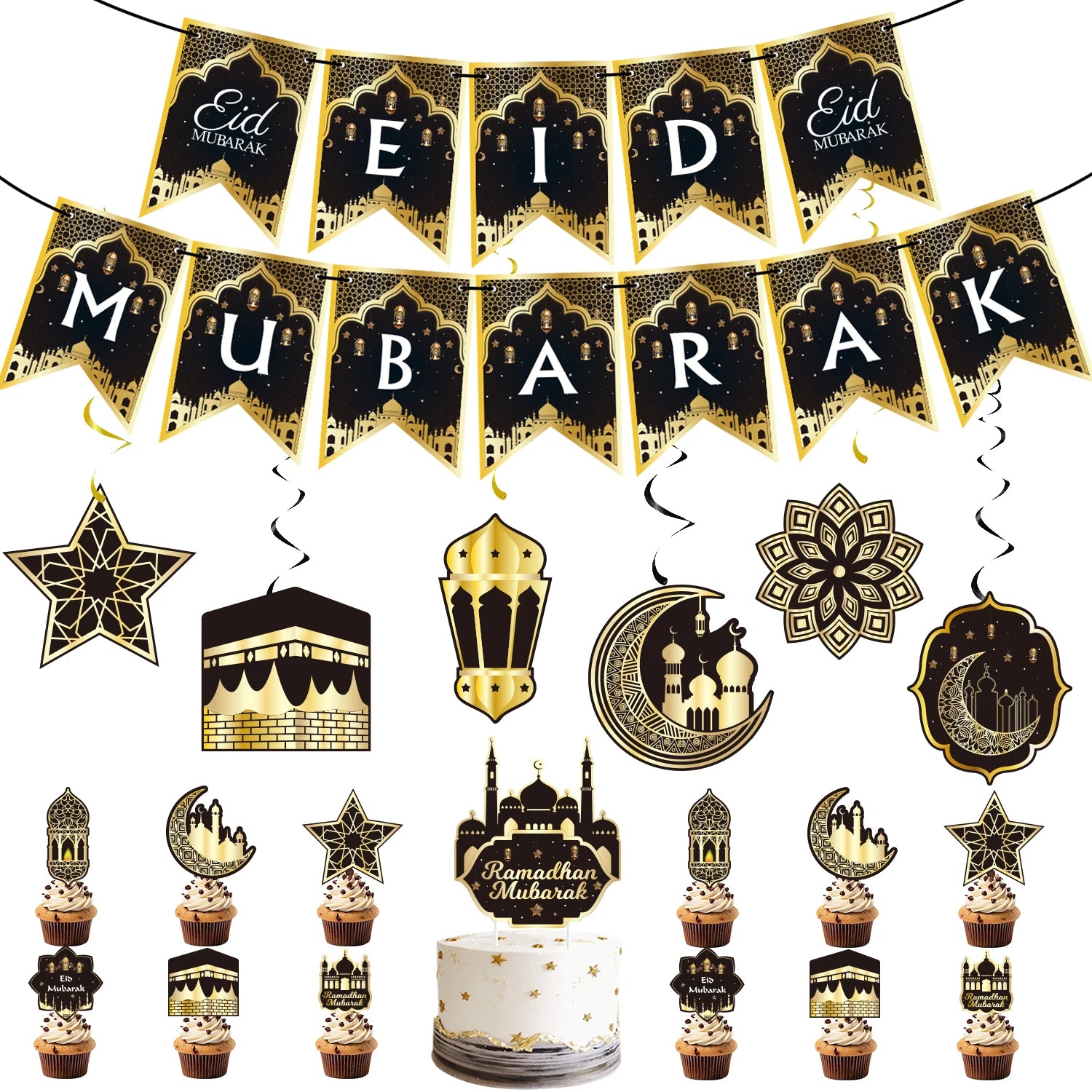 Eid Mubarak Banners Ramadan Mubarak Kareem Decorations Hanging Swirls Streamer Moon Star Party Decor lslam Muslim Party Supplies