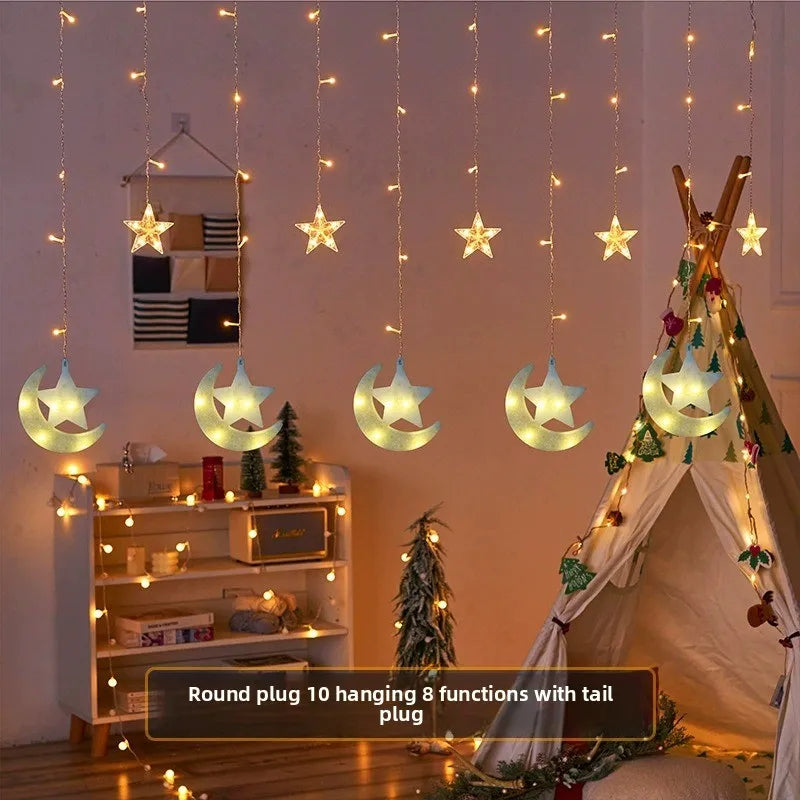 Moon and Star LED Curtain Lights  USB Powered Fairy Lights with 8 Modes and Timer Ramadan Bedroom and Party Decoration