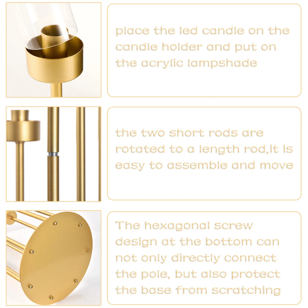 4Sets 7 Arms Floor Candelabra Wedding Centerpieces Gold 48" Tall Metal Candlestick Holders with Acrylic Removable Lampshade