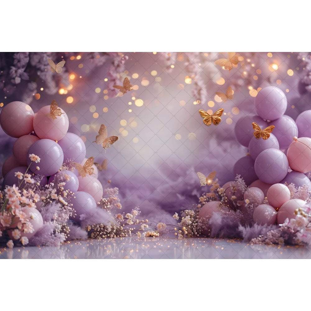Birthday Photographic Backgrounds Baby Shooting Props Butterfly Purple Balloons Backdrops Photography Room Decorations Photozone