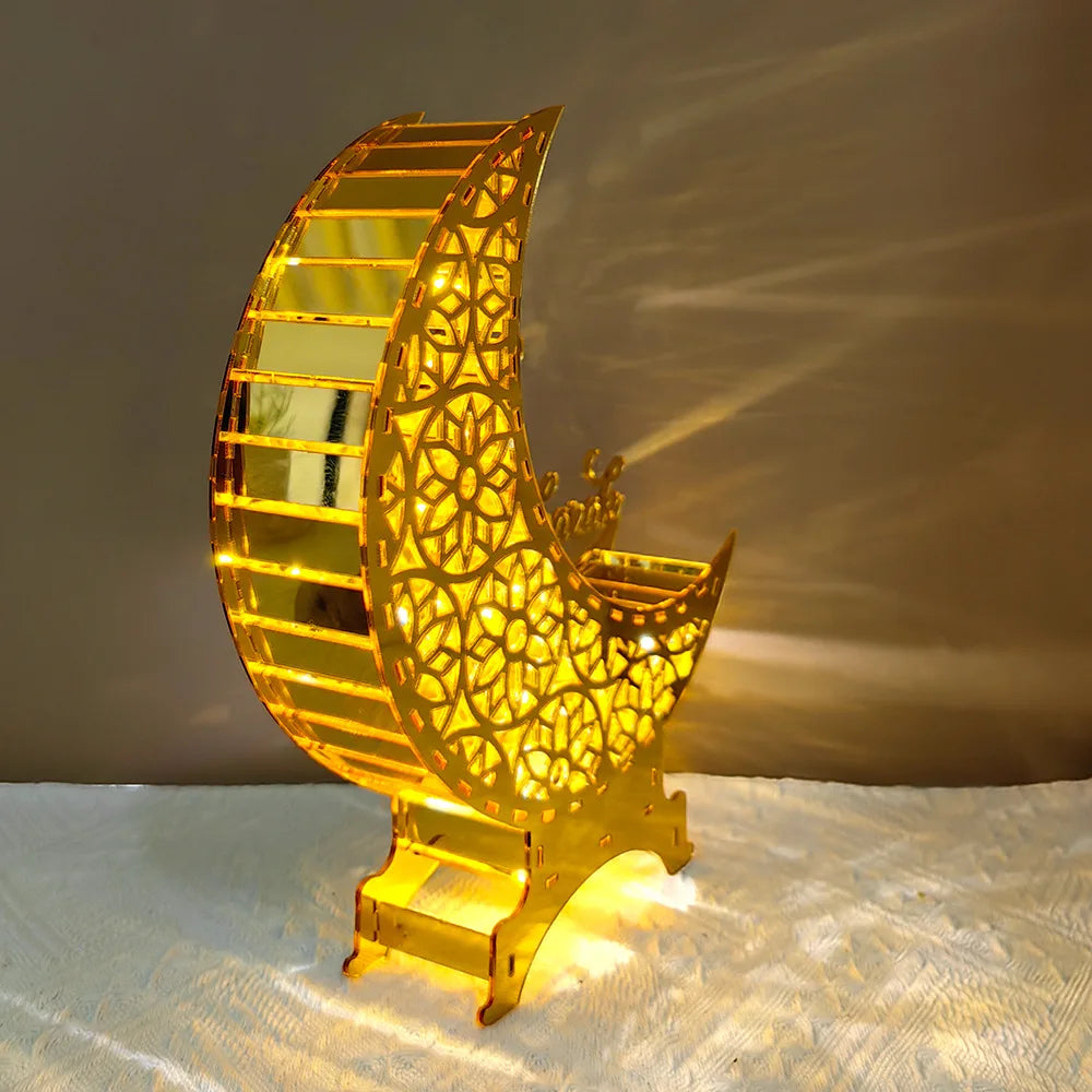 Golden Islamic Moon and Mosque 3D Acrylic Puzzle Decoration – Ramadan and Eid al-Fitr Party Centerpiece Decoration