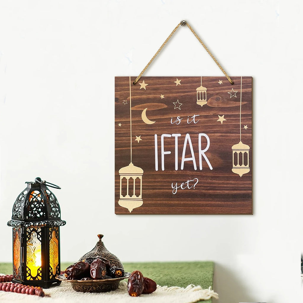 1PC Ramadan wooden wall decoration, "Is it IFTAR yet?" golden star crescent moon, Islamic style home wall decoration